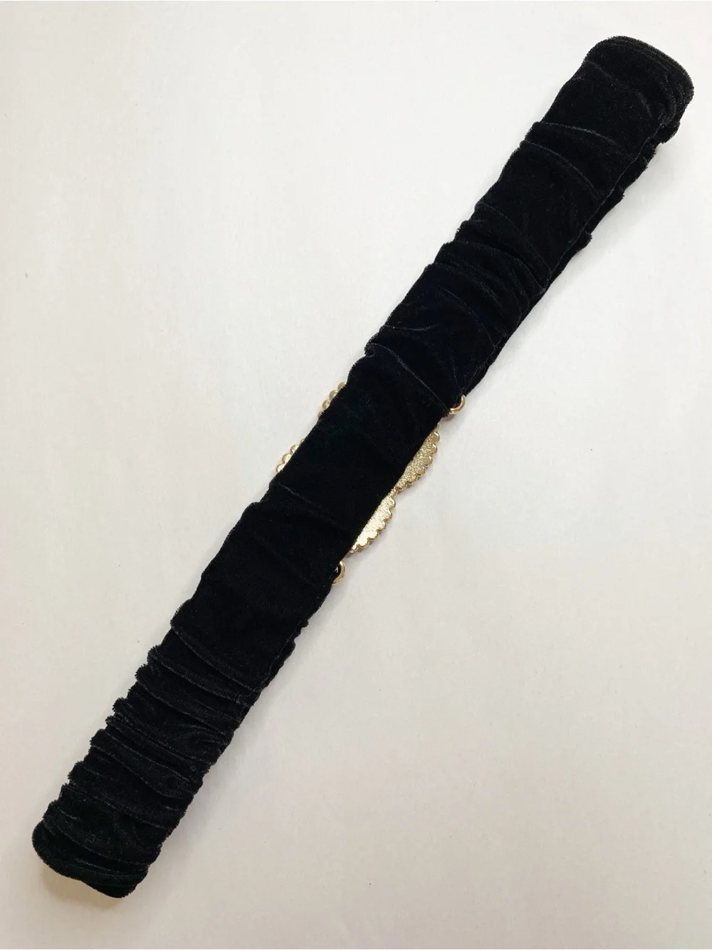 INC Black Velvet Stretch Waist Belt Gold Rhinestone Faux Pearl Buckle 30”- 41”
